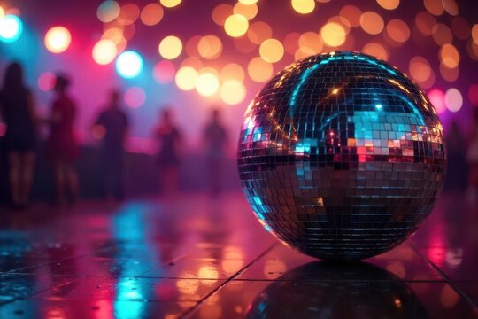 Disco mirror ball with colorful lights bokeh on a retro dance floor Vintage party atmosphere filled with vibrant energy and nostalgia , vintage, discotheque