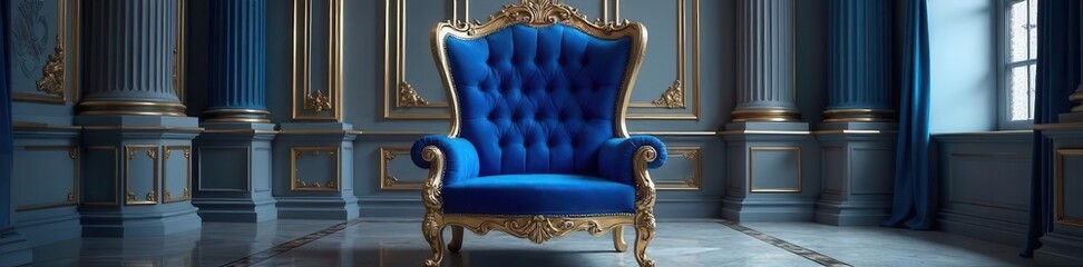 Luxurious royal blue velvet throne with tufted backrest in ornate silver hall setting, plush, luxury