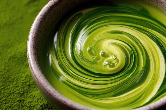 Vibrant Swirls of Fresh Matcha Tea in a Textured Ceramic Bowl