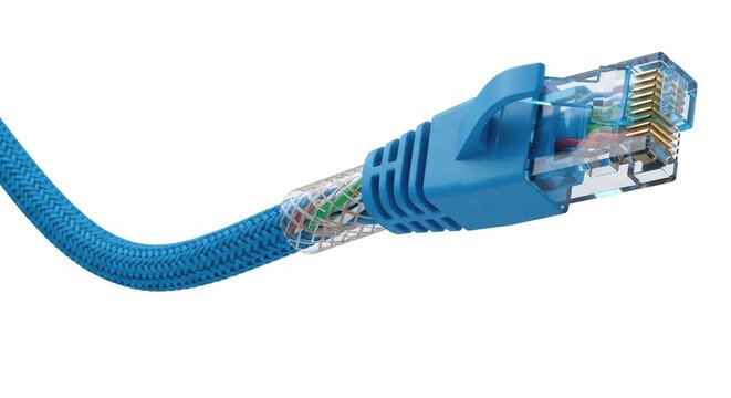 Blue ethernet cable with RJ45 connector, high speed network patch cord for internet connection, braided data cable on white background