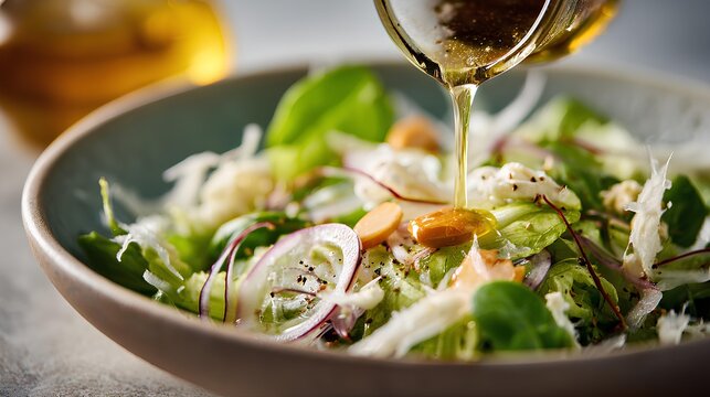 Salad Freshness: A close-up shot showcasing a vibrant salad with fresh greens and a drizzle of golden dressing, evoking a sense of healthy eating and culinary delight.
