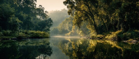 Fototapeta premium Tranquil river landscape with lush greenery