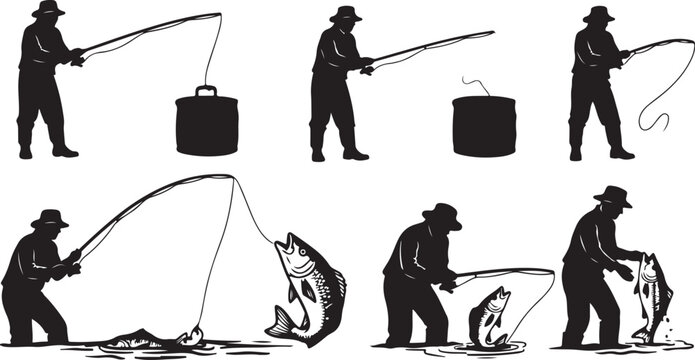 Fishing, silhouette icons, black, vector graphics, fishing scenes, outdoor activities