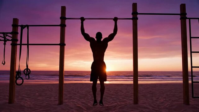 Man doing pull-ups on a beach at sunset silhouette
