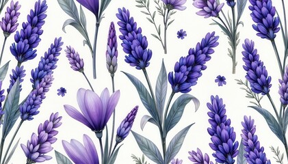 Watercolor lavender flowers seamless pattern with vintage botanical texture, perfect for springtime designs and nature-inspired projects , fabric , wallpaper