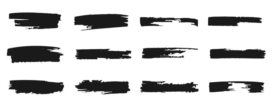 Black grunge brush stroke set. Redacted censorship bars and marker ink line highlights. Distressed black paint texture pack.