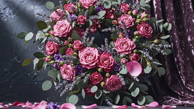 A Lush Bouquet of Pink Roses with Green Foliage against Velvet Drapery