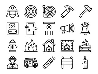 Fototapeta premium Vector set of firefighting and emergency symbols including firefighters tools equipment and warning signs