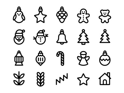 Vector of festive holiday icons including a snowman, a christmas tree, and a candy cane