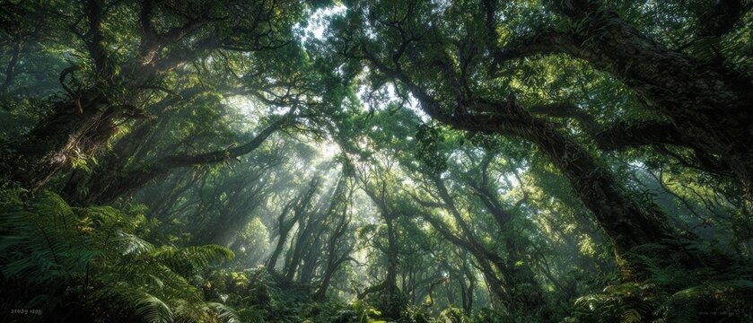 Sunlight through dense forest canopy