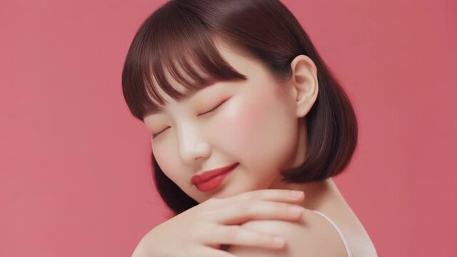 自分を大切にするイメージ、肩より上のアップ、背景コーラルピンク（若い女性バージョン）
