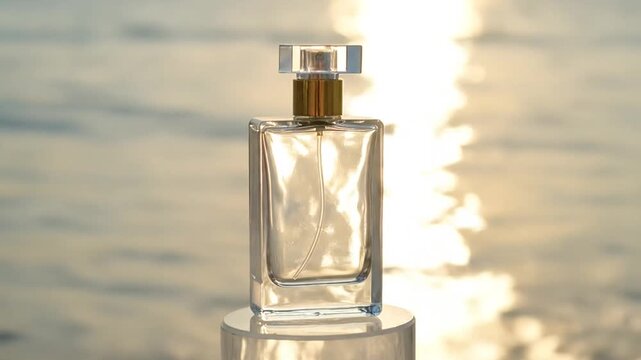 Elegant clear glass perfume bottle with gold cap on a stand against a blurred golden shimmering water background at sunset