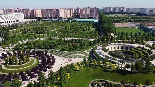 Aerial view of the modern public Galitsky Park in Krasnodar, Russia