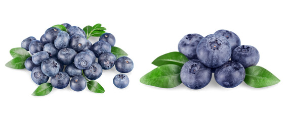 Fresh sweet blueberries pile with green leaves isolated on transparent background. Juicy organic summer berry superfood © nguyenhuu