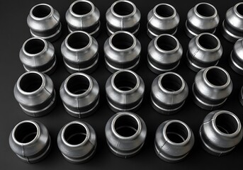 Silver metal ball joints arranged in rows on a dark background
