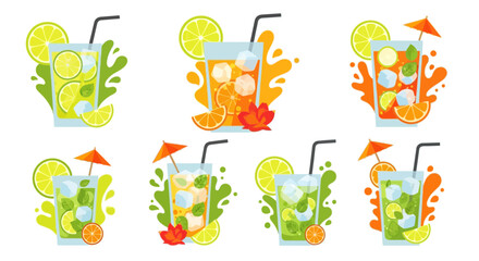 Fresh Tropical Drink Illustration Set with Juice Splash, Lime, and Mint Leaves. © Karjani Creative