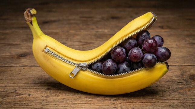 Surreal yellow banana opening with metal zipper revealing purple grapes