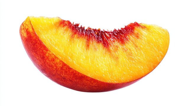 Close up of a vibrant peach slice against a clean white background
