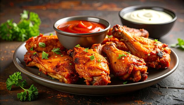 A plate of roasted chicken wings with herbs and dipping sauces