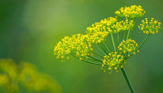 Side view of yellow dill flowers with green stem and blurred green background 