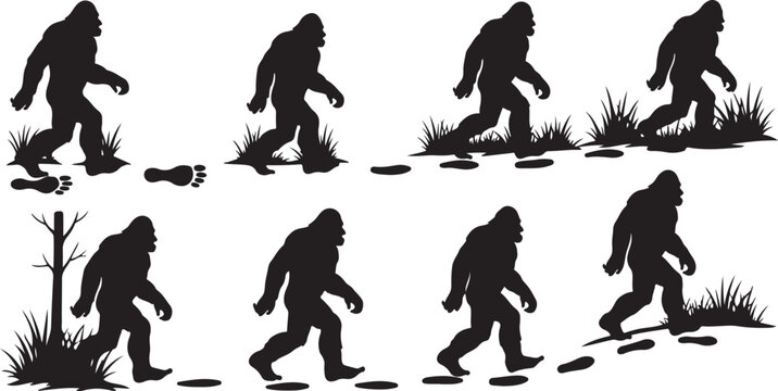 Bigfoot walking through forest in various poses sequence