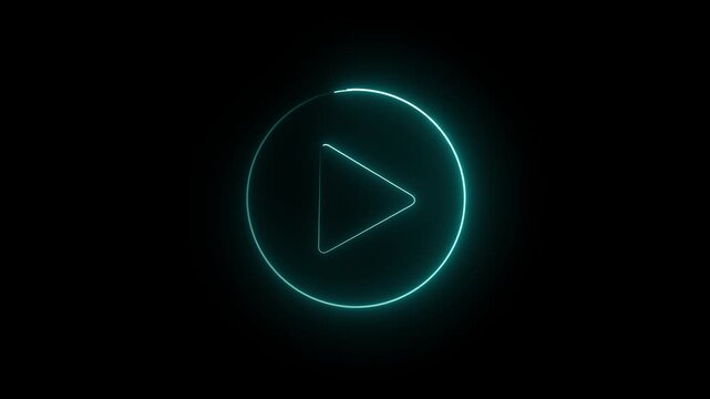 Neon Play button icon. id rendering. Press to play. Glowing blue color play button on black background. media player button, Neon glowing Play button sign.