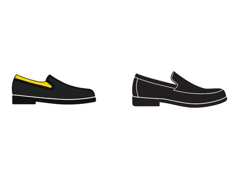 Two black shoes side by side with white soles and one with yellow interior  isolated on white background