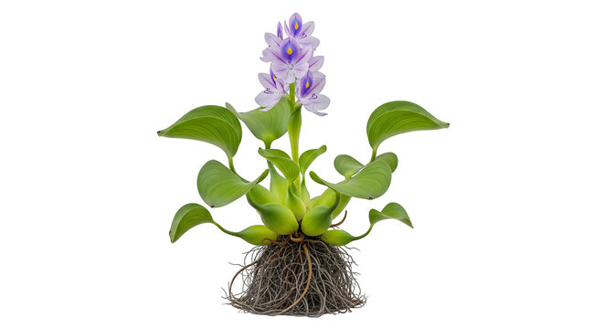 A flowering water hyacinth plant with visible roots and purple blossoms against a white backdrop.