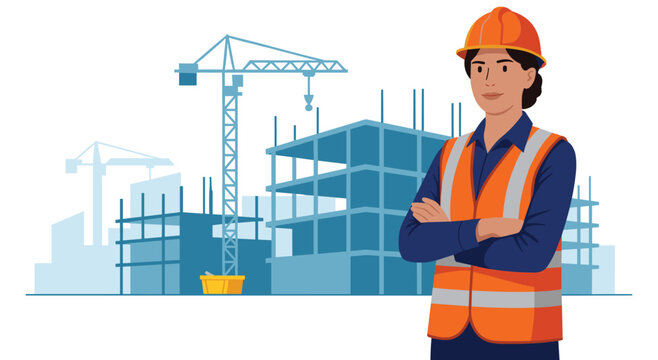 Confident woman engineer standing at construction site. Character wearing orange safety vest and hardhat. Background with building frame and crane. Professional female worker in industrial area.