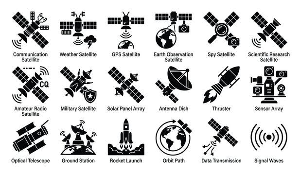 Comprehensive collection of space technology glyph icons featuring various satellite types, components, and related systems like rocket launches and ground stations, ideal for scientific