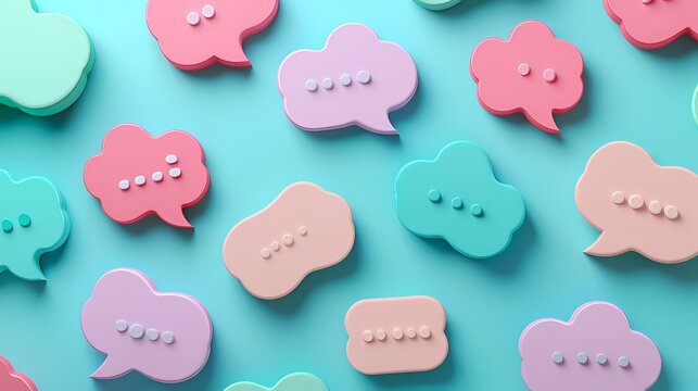 Colorful 3D Speech Bubbles Pattern on Blue Background for Communication Concept Social Media Marketing and Messaging App Design