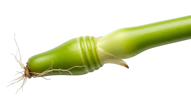 A close up studio shot of a green plant stem with small roots emerging from its tip.