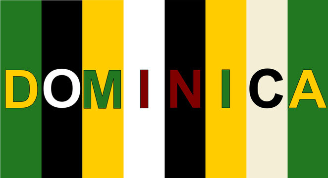  "Dominica" en lettres capitales de la couleur du drapeau