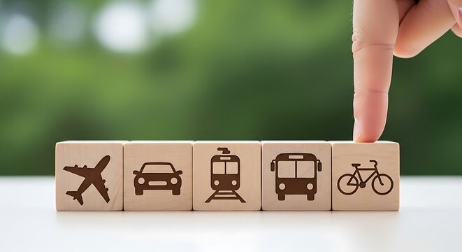 Transportation icons on wooden blocks, travel options concept with plane car train bus and bicycle, sustainable logistics and mobility choices