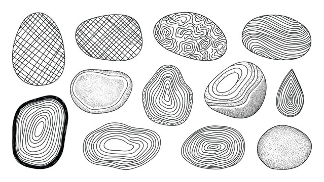 Collection of hand drawn textured shapes like pebbles or stones with diverse abstract patterns for graphic resources and contemporary visual projects