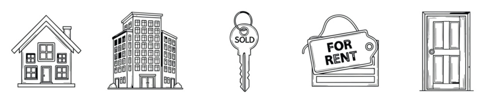 Hand drawn black outline icons for real estate business including house, apartment building, sold key, for rent sign, and door for property market applications