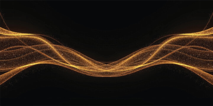 Symmetrical abstract golden glowing ribbons on black background with energy flow golden wave light wave smooth symmetrical abstract background ethereal illumination gradient seamless