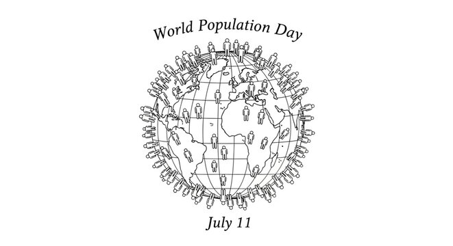 World Population Day illustration with globe and people icons.