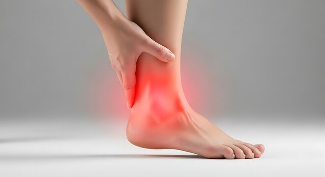A close-up view of a person's ankle with a red highlighted area indicating pain or discomfort, set against a plain background.