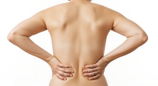 A woman stands with her hands on her lower back, possibly indicating discomfort or pain. The image is set against a plain white background, drawing focus to the subject's pose and expression.