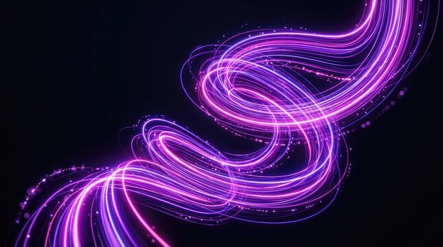 Dynamic Neon Light Trails Abstract Background with Glowing Purple and Pink Lines.
