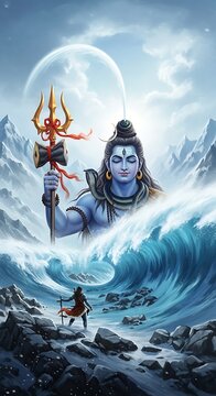 Shiva Hindu God Blue Face Waves.