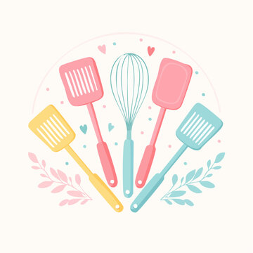 Charming pastel kitchen utensils set for baking and cooking activities, featuring spatulas and a whisk with decorative elements