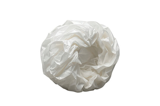 Crumpled white plastic bag forming a ball, representing waste, pollution, and recycling on a transparent background