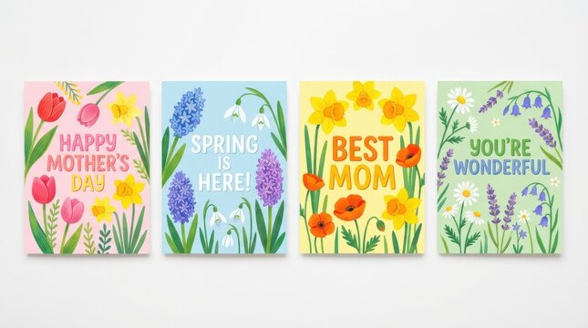 Set of four spring greeting cards with flowers