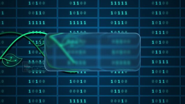Glowing plant circuit flowing across binary server grid with glassmorphism panel, seamless loop