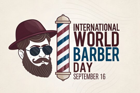 A graphic illustration celebrating International World Barber Day on September 16 with a cartoon man and barber pole