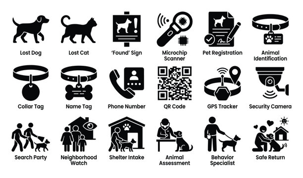Comprehensive set of pictogram icons illustrating various aspects of lost pet recovery, identification, and safe return services, useful for veterinary practices, animal shelters, and pet