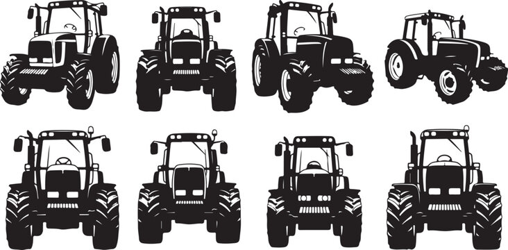Collection of tractor silhouettes in various positions and angles