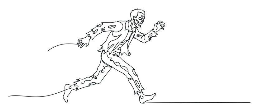 Continuous single line drawing of an undead zombie monster running forward, perfect for horror themed marketing materials, Halloween promotions, or spooky graphic elements
